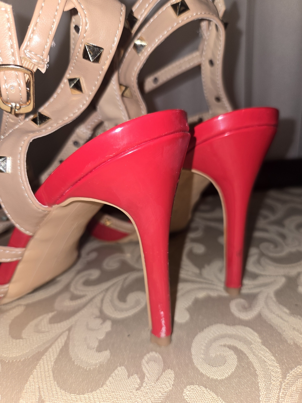 Studded Strappy Pointed-Toe Heels in Red and Nude - Picture 7 of 11